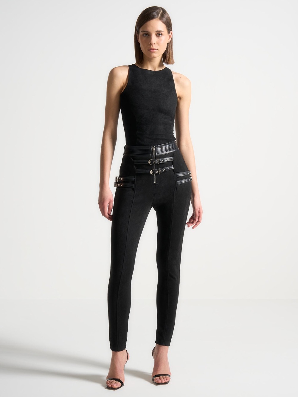 Black High-Waist Tailored Pants with Buckle Details - Picture 6 of 16